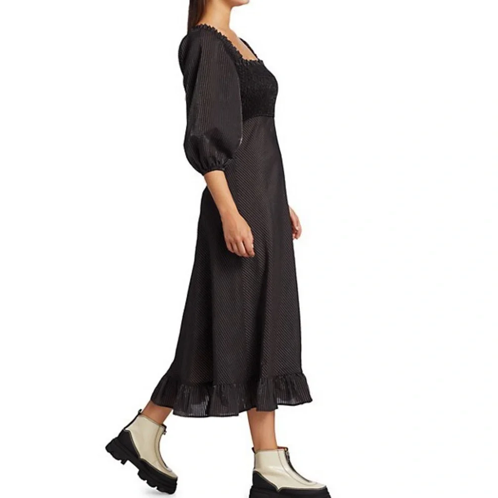 NWT 🖤 GANNI Seesucker Puff-Sleeve Midi Dress - Picture 7 of 12